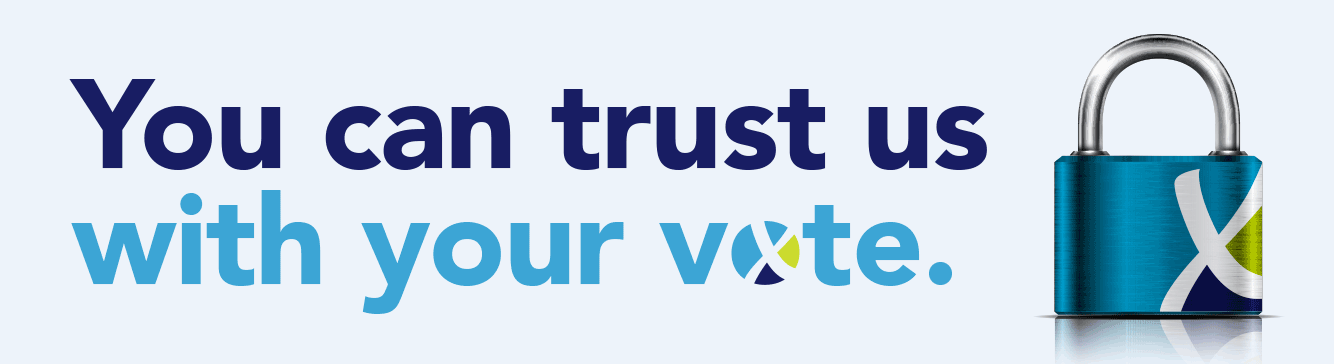 Banner saying "You can trust us with your vote." with a stylized lock beside.